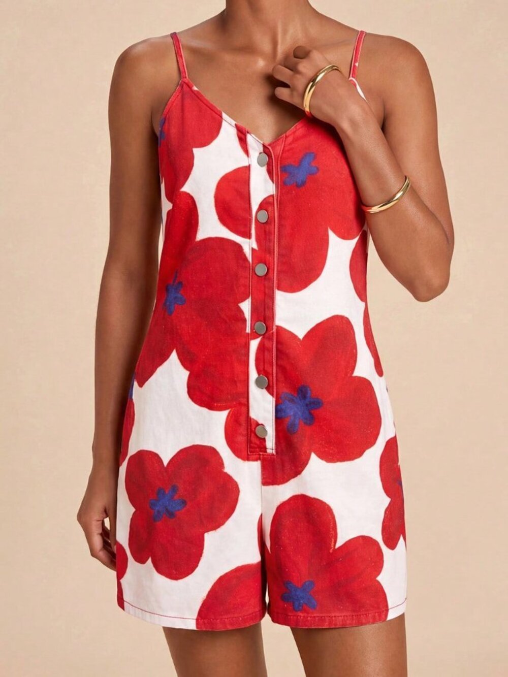 Multicolor Boho Women's Floral Print Button Spaghetti Strap Denim Romper